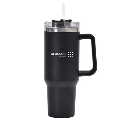 Brussels Airlines 40oz Stainless Steel Car Mug With Holder aviation design on 40oz car mug, 40oz vacuum-insulated.