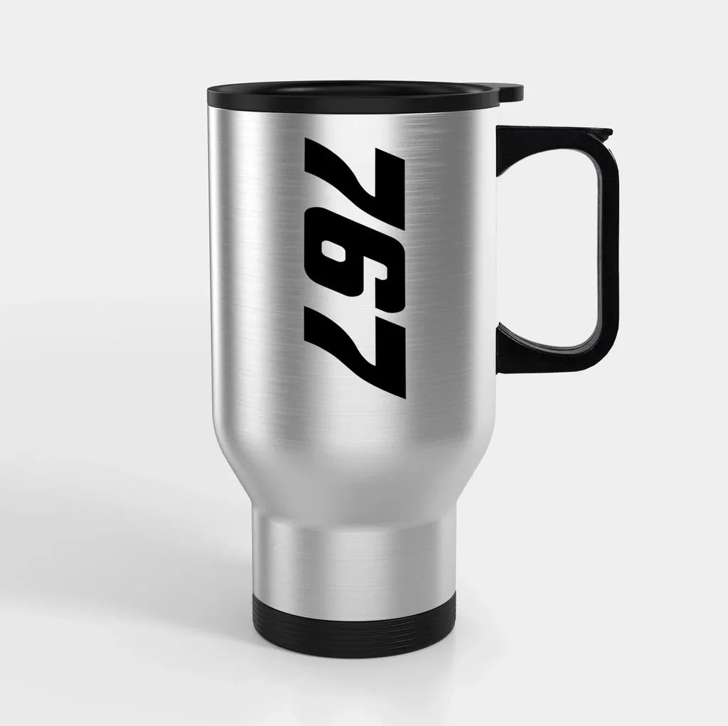 Boeing 767 Text Side Travel Mugs (With Holder) aviation design on travel mug with holder, insulated double-wall with car-cup.