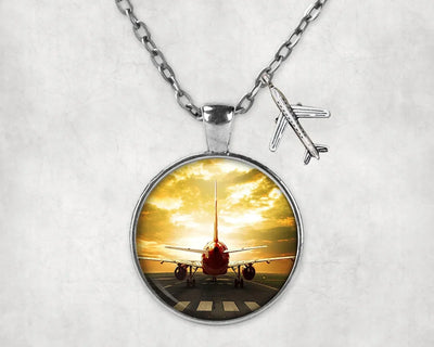 Side view of Ready for Departure Passanger Jet aviation necklace in stainless steel, polished finish.