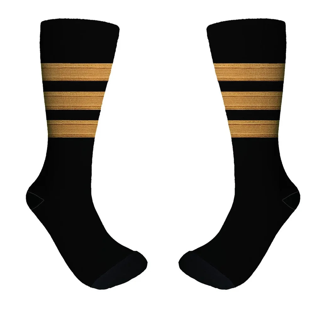 Pilot Epaulette (Golden) 3 Lines aviation design on soft cotton blend socks.