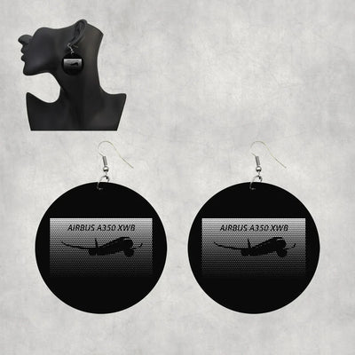 Airbus A350XWB & Dots aviation drop earrings, wood with metal hooks body with engraved detail.