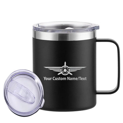 Custom Name (Badge 3) aviation design on laser-engraved mug, permanent laser engraving on stainless.