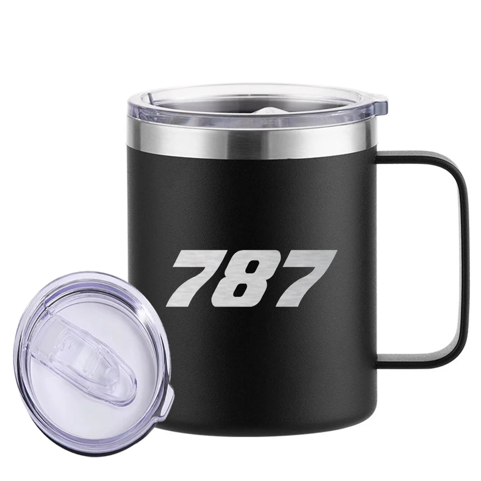 Boeing 787 Flat Text aviation design on laser-engraved mug, permanent laser engraving on stainless.