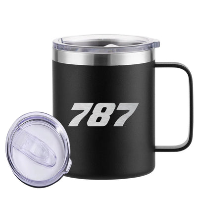 Boeing 787 Flat Text aviation design on laser-engraved mug, permanent laser engraving on stainless.