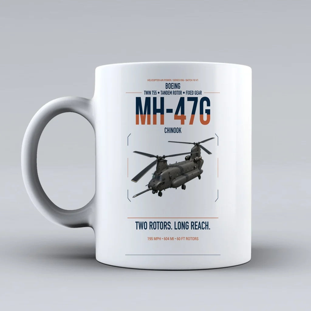 Boeing MH-47G Chinook design on white ceramic mug, double-side print