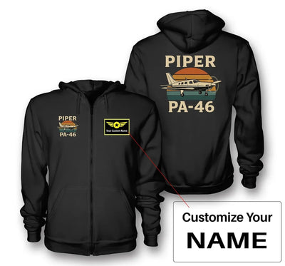 Retro Piper PA-46 aviation design on soft cotton blend zipped hoodie.