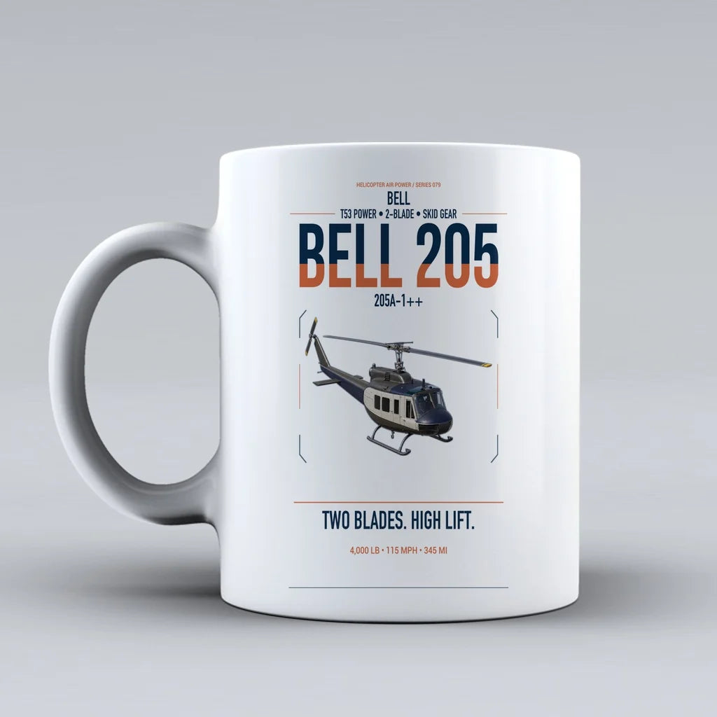 Bell 205A-1++ design on white ceramic mug, double-side print