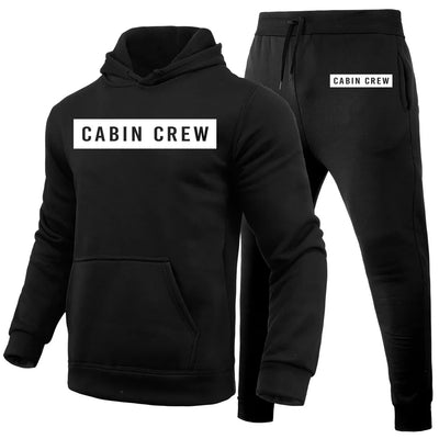 Cabin Crew Text aviation design on soft cotton blend hoodie and sweatpants set.