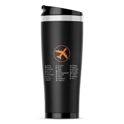 Aviation Alphabet 2 aviation design on travel mug no-holder, insulated double-wall.