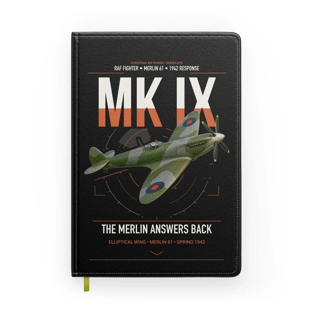 Supermarine Spitfire Mk IX design on black notebook