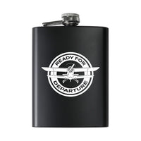 Thumbnail for Ready for Departure aviation design on stainless hip flask, compact pocket-size flask.