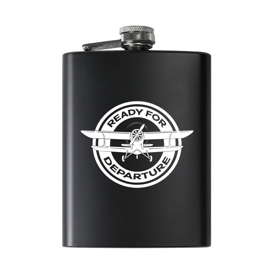 Ready for Departure aviation design on stainless hip flask, compact pocket-size flask.