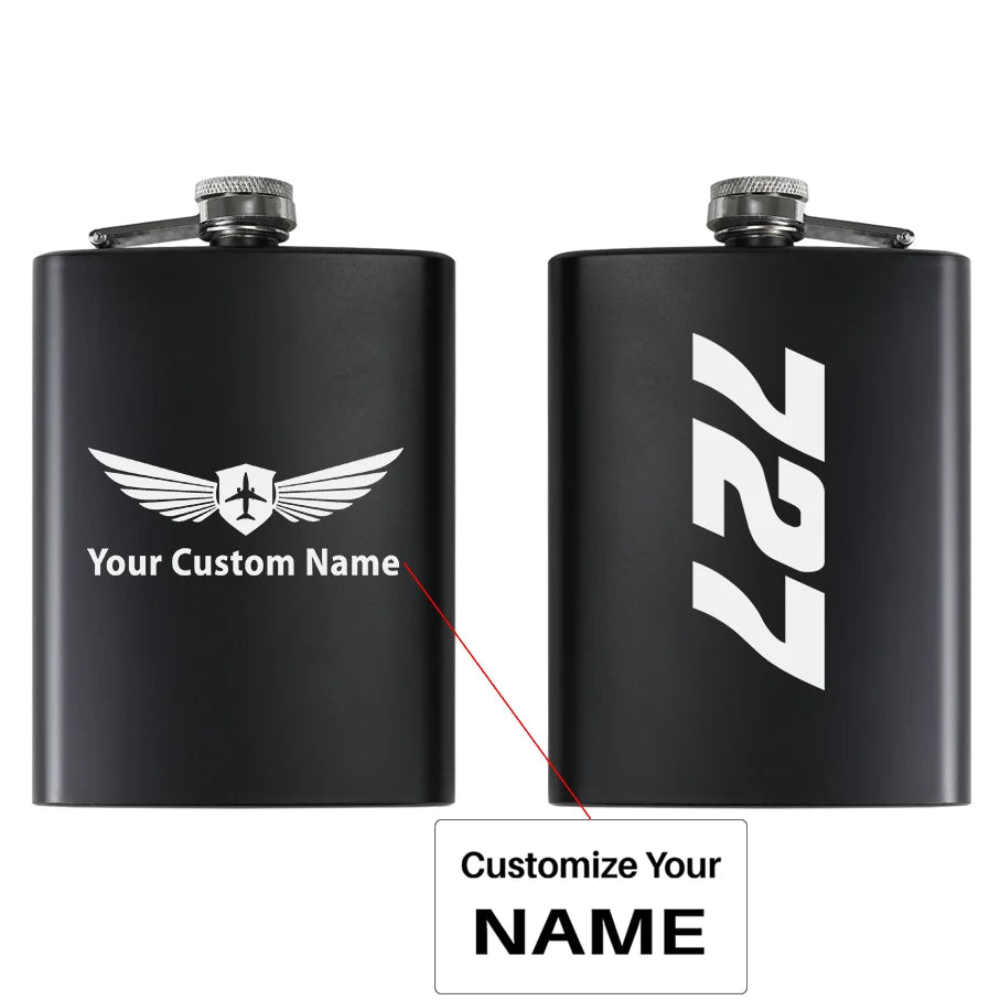 Boeing 727 Text aviation design on stainless hip flask, compact pocket-size flask.