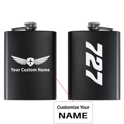 Boeing 727 Text aviation design on stainless hip flask, compact pocket-size flask.