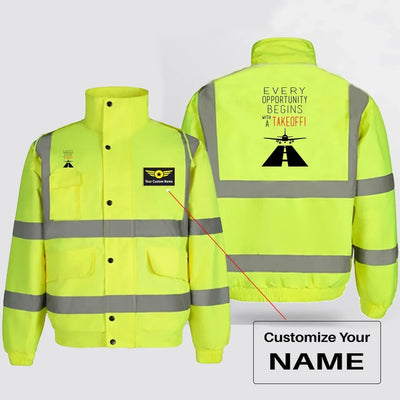 Every Opportunity aviation design printed on insulated shell with high-visibility reflective panels reflective winter jacket.