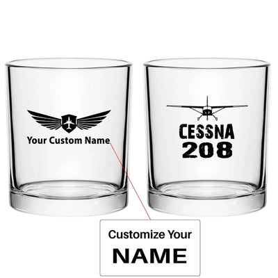 Cessna 208 & Plane aviation design on whiskey glass, special-edition crystal cut.