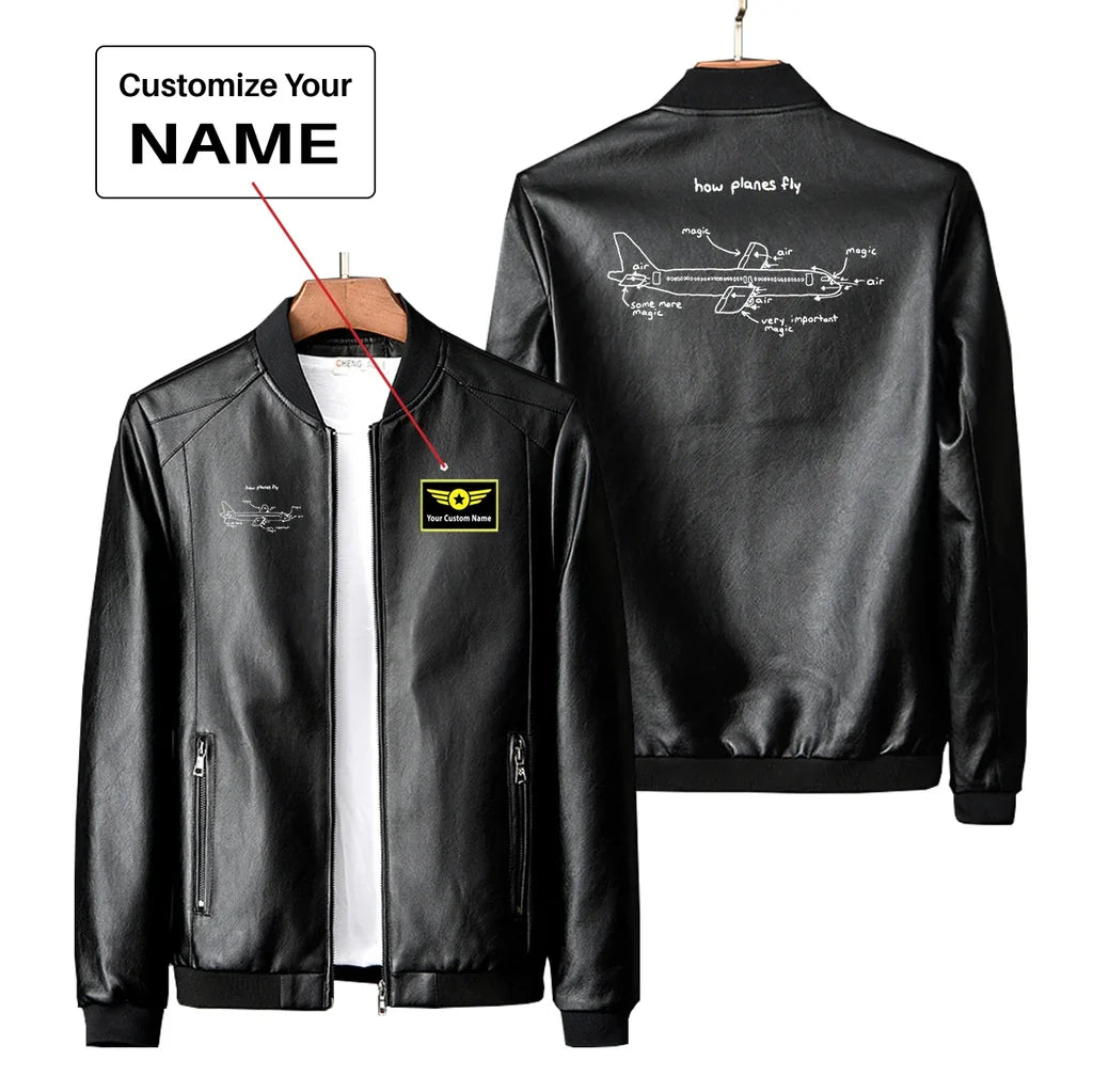 How Planes Fly PU aviation design printed on genuine leather with quilted lining leather jacket.