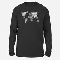 Thumbnail for World Map (Text) Long-Sleeve aviation design printed on soft cotton long-sleeve T-shirt.