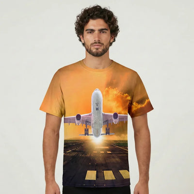 Amazing Departing Aircraft Sunset & Clouds Behind aviation design printed on soft cotton 3D-print T-shirt.