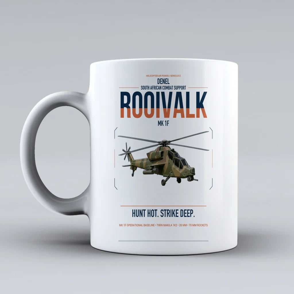 Denel Rooivalk Mk 1F design on white ceramic mug, double-side print