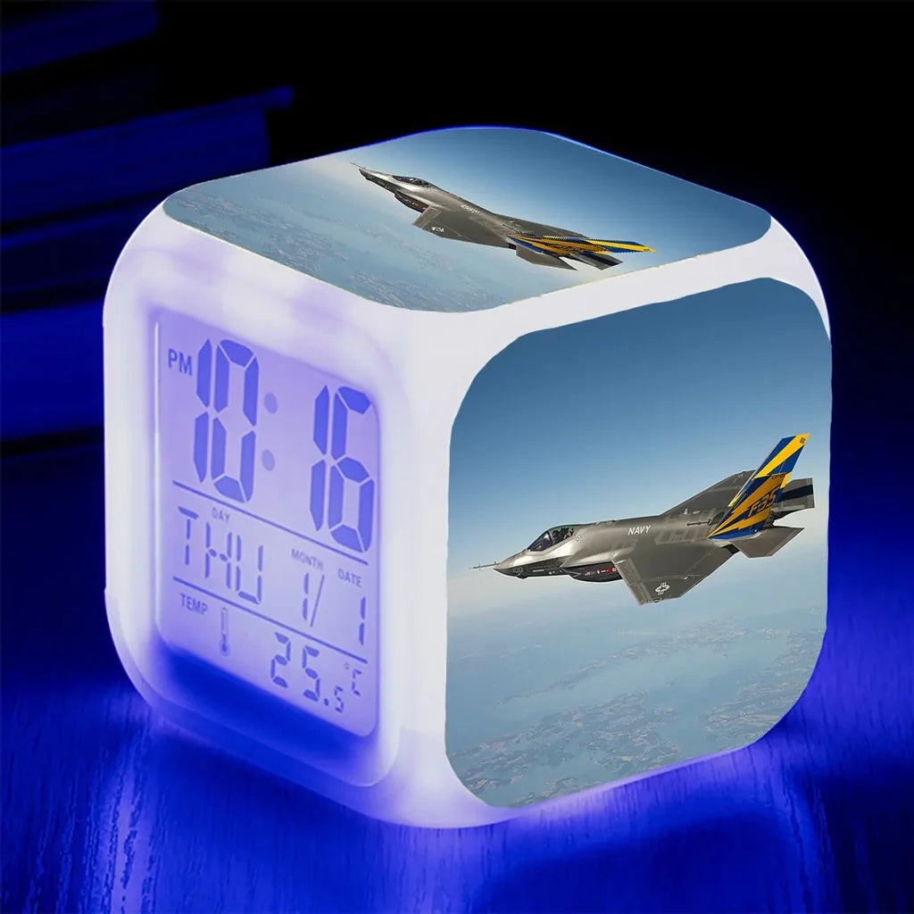 Cruising Fighter Jet 35 "7 Colour" Digital Alarm aviation art table clock in premium wood and metal.
