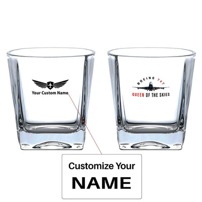 Boeing 747 Queen of the Skies aviation design on whiskey glass, crystal-clear premium glassware.