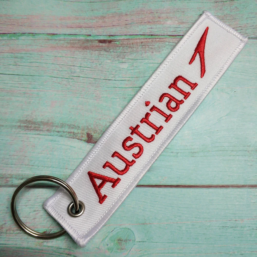 Austrian Airlines aviation Remove Before Flight key chain, aviation-tag style webbing.