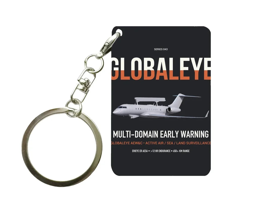 Saab GlobalEye design on black designed key chain, double-side print