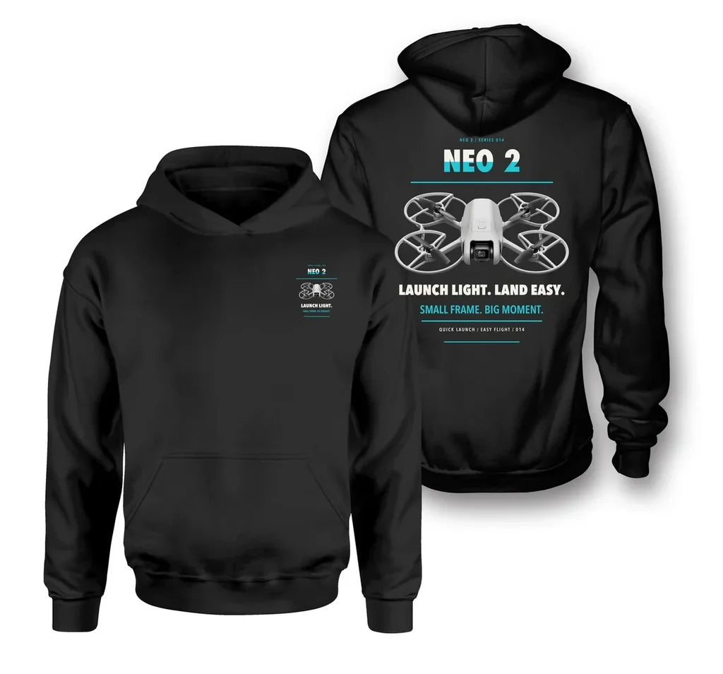 DJI Neo 2 design on black hoodie