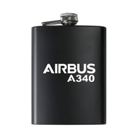 Thumbnail for Airbus A340 & Text aviation design on stainless hip flask, compact pocket-size flask.