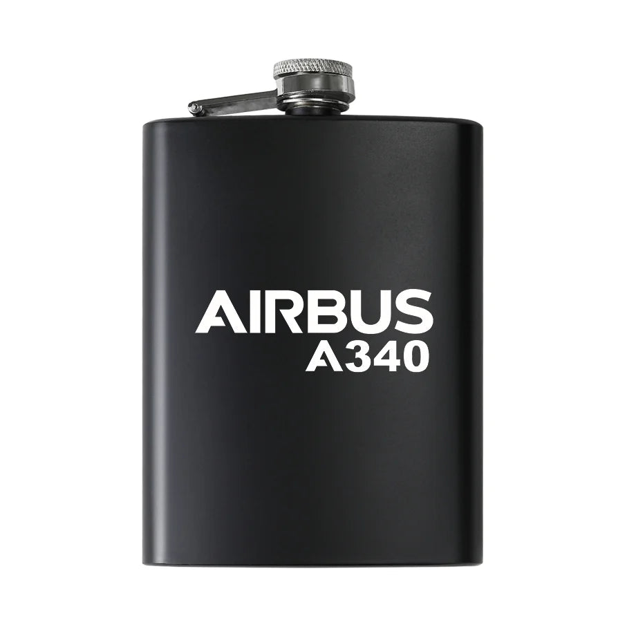 Airbus A340 & Text aviation design on stainless hip flask, compact pocket-size flask.
