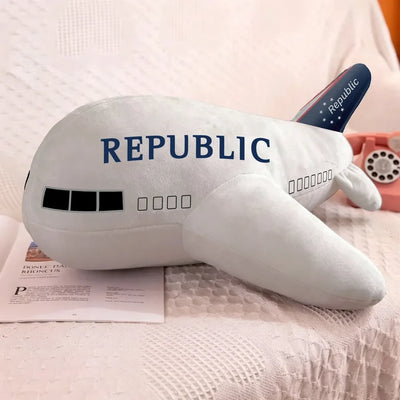 Republic Airlines aviation design on soft polyester filling airplane-shape decorative pillow.