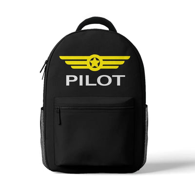 Pilot & Badge aviation design backpack, durable polyester construction.