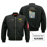 Thumbnail for Groningen Airport Eelde (GRQ) design on black bomber jacket with custom name patch