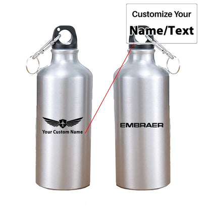 Embraer & Text aviation design on thermos, vacuum-insulated.