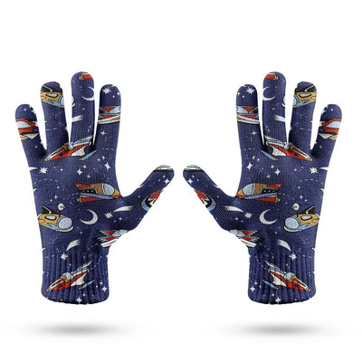 Spaceship & Stars aviation design on soft knit fabric gloves.