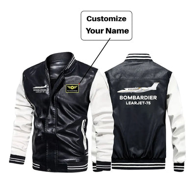 The Bombardier Learjet 75 aviation design printed on genuine leather with modern tailored fit stylish leather jacket.