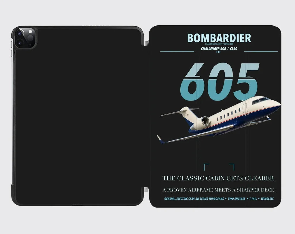Bombardier Challenger 605 design on black ipad tablet case