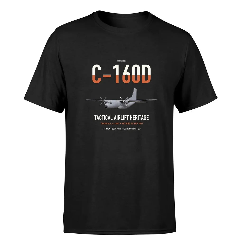 Transall C-160D design on black double-side t-shirt, single-side print