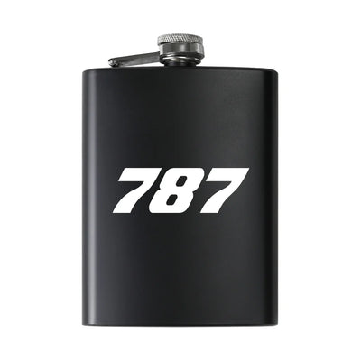 Boeing 787 Flat Text aviation design on stainless hip flask, compact pocket-size flask.