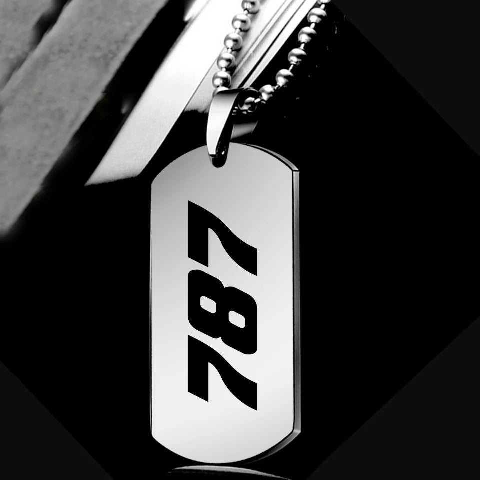 Side view of Boeing 787 Flat Text aviation necklace in polished metal, polished finish.