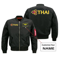Thumbnail for Thai Airways aviation design with custom name embroidered on black bomber jacket