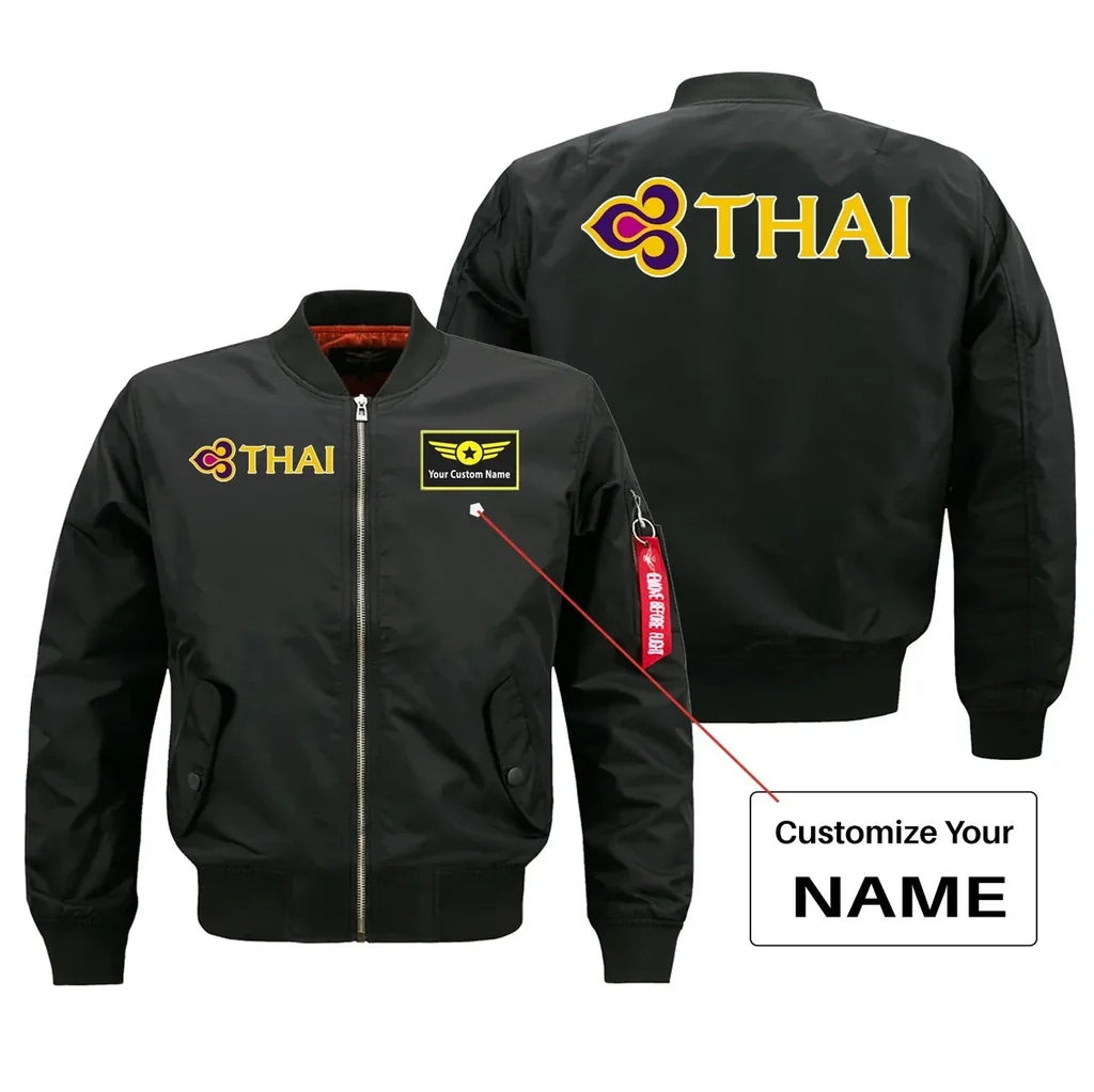 Thai Airways aviation design with custom name embroidered on black bomber jacket