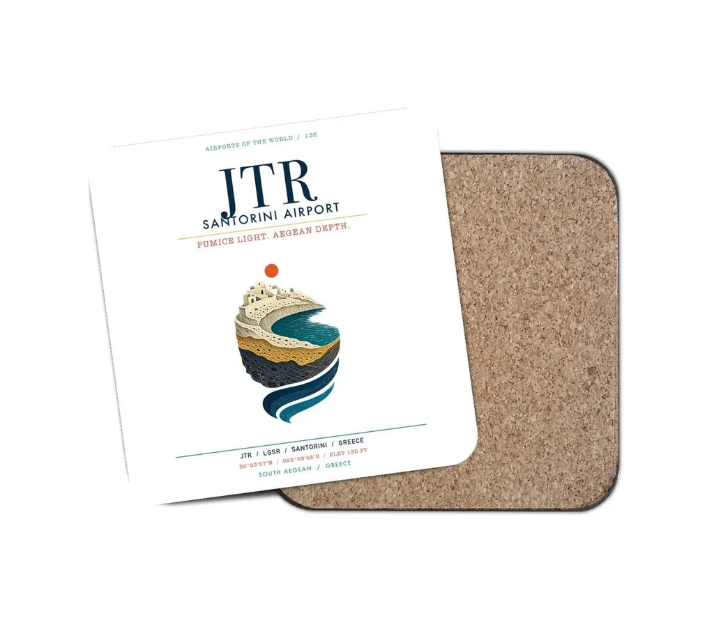 Santorini Airport (JTR) design on white 1 piece coaster