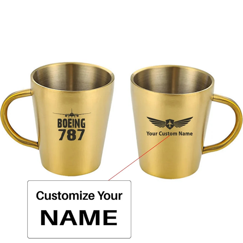 Boeing 787 & Plane aviation design on stainless coffee mug, durable stainless steel construction.