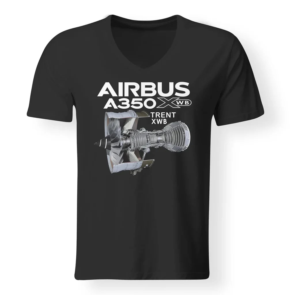 Airbus A350 & Trent Wxb Engine aviation design printed on soft cotton V-neck T-shirt.