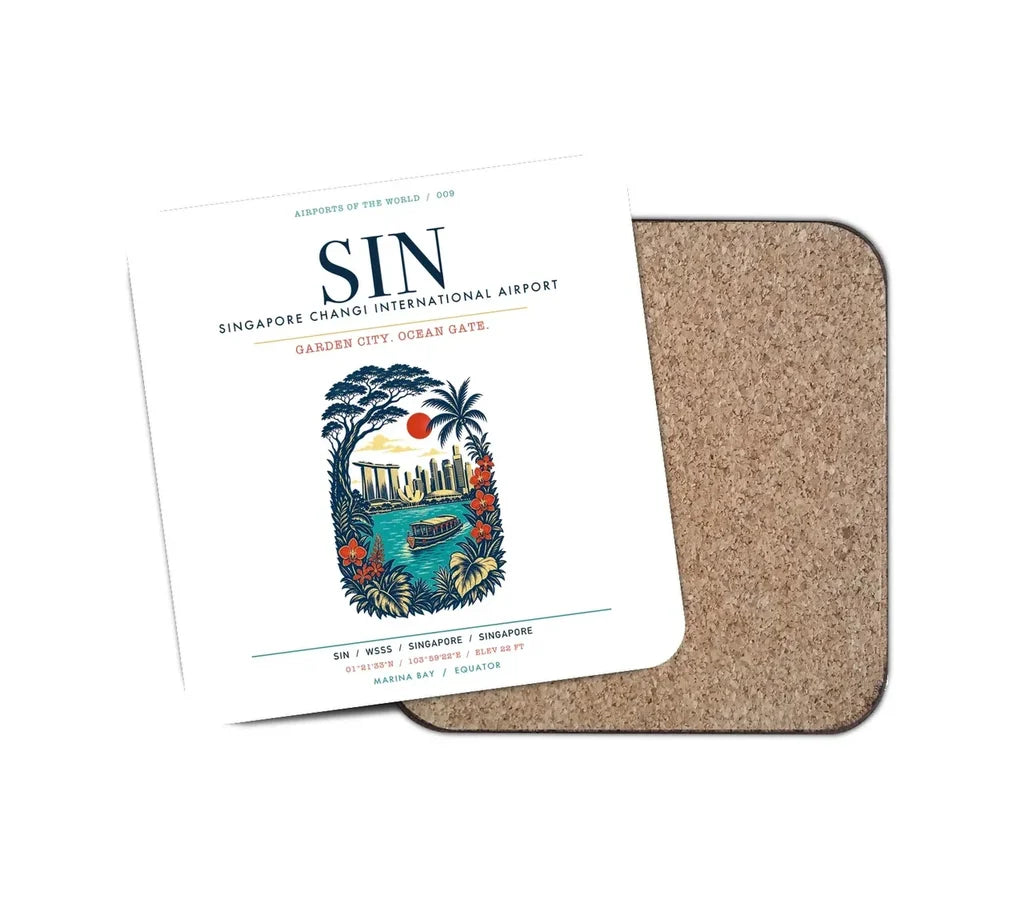 Singapore Changi International Airport (SIN) design on white 1 piece coaster