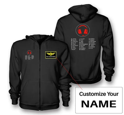 Aviation Alphabet 3 aviation design on soft cotton blend zipped hoodie.