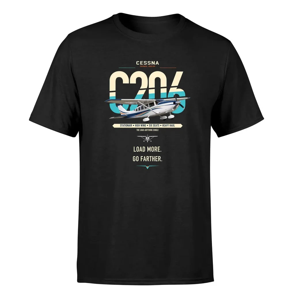 Cessna 206 Stationair design on black t-shirt, single-side print