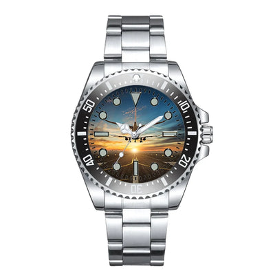Side view of Airplane over Runway Towards the Sunrise Luxury Aviators aviation aviator watch in premium stainless steel, poli.